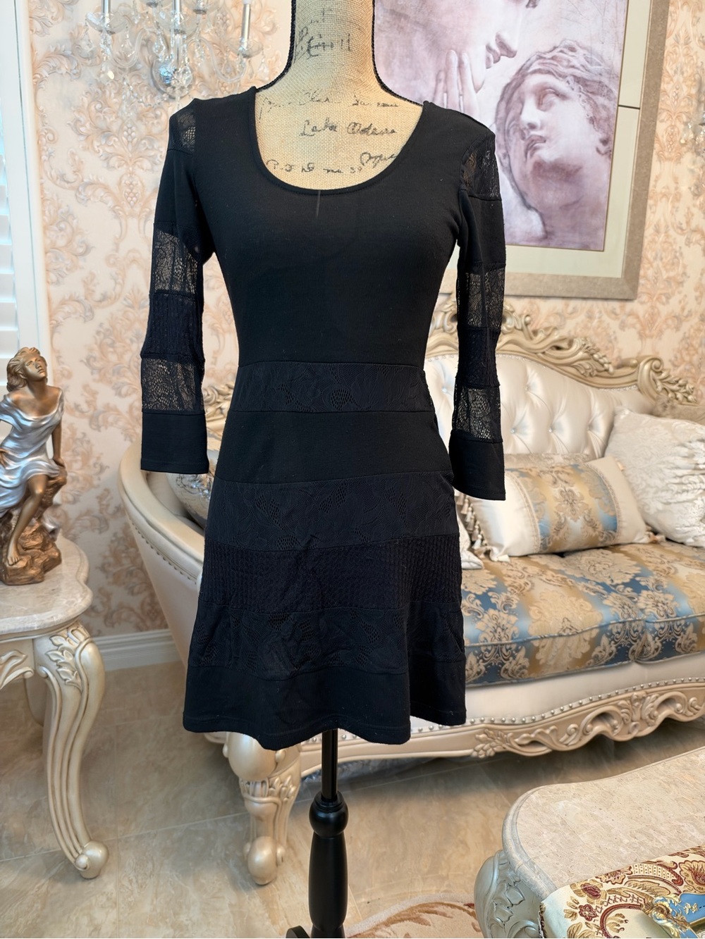 Pins & Needles Black Scoop Neck Lace-Panel Mini Dress